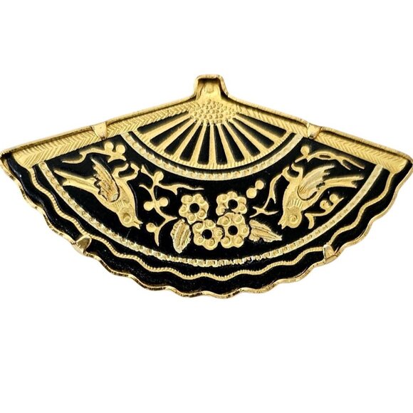 Damascene Fan Brooch Pin Bird Flower Pattern, J29 - Picture 5 of 5